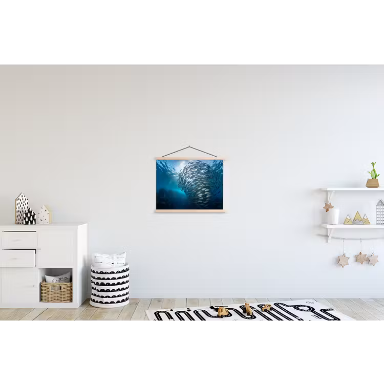 Vis - School - Oceaan - Natuur - Blauw textielposter latten blank klein -kinderkamer