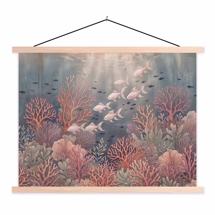 Vis - Koraal - Onderwater - Illustratie - Vintage textielposter latten blank klein -3d