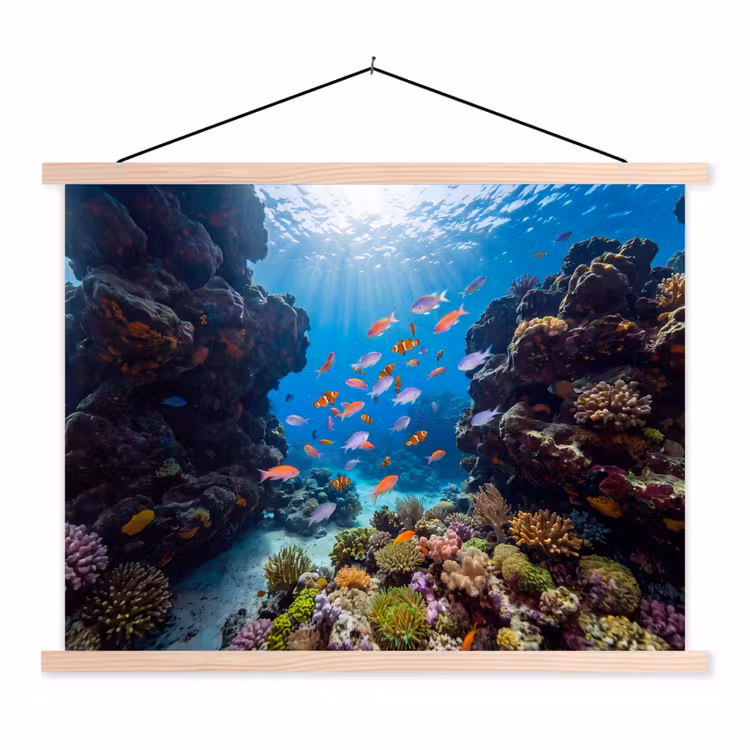 Vis - Koraalrif - Onderwater - Levendig - Blauw textielposter latten blank klein -3d