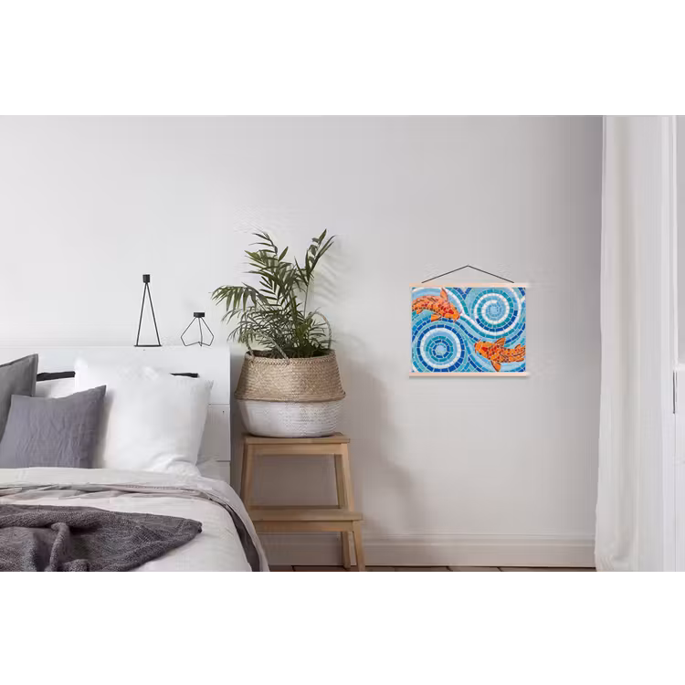 Vis - Mozaïek - Water - Decoratief - Blauw textielposter latten blank klein -woonkamer