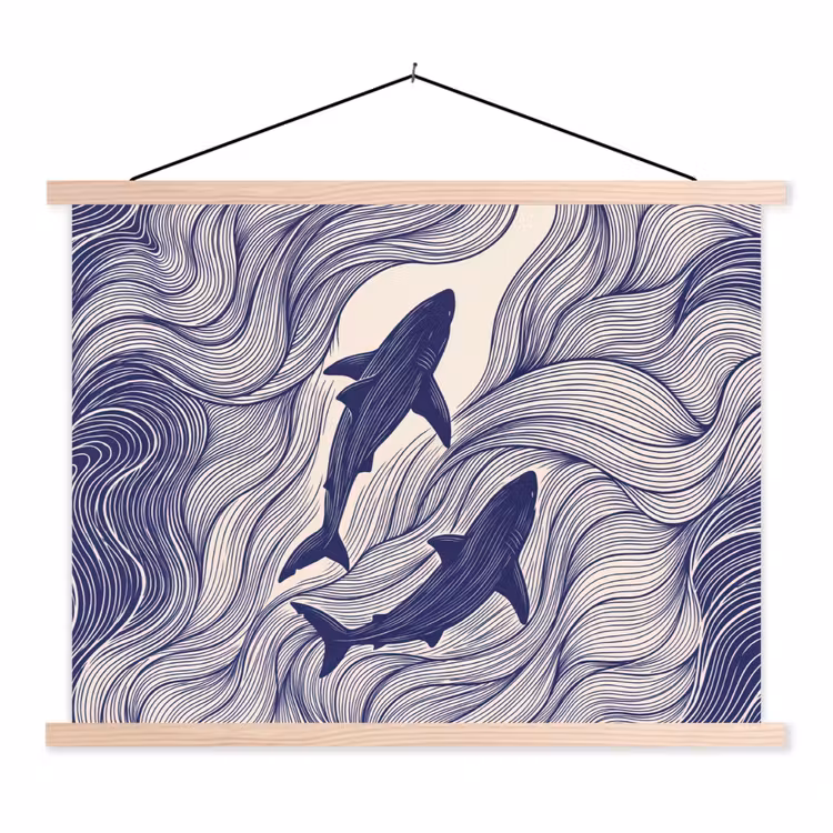 Vis - Oceaan - Lijntekening - Blauw - Dieren textielposter latten blank klein -3d