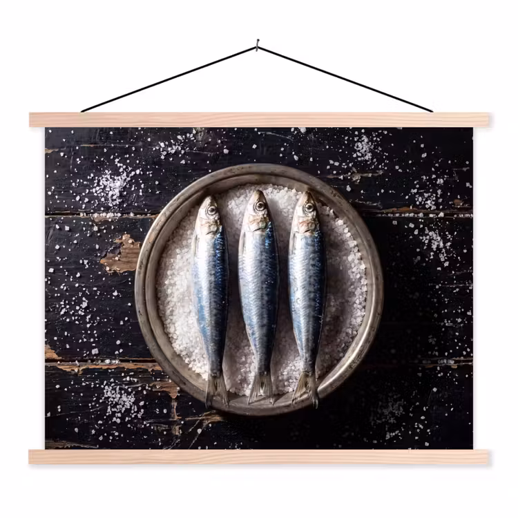 Stoffbild - Fisch – Salz – Essen - Vis - Zout - Eten textielposter latten blank klein