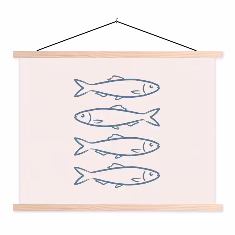 Vis - Vier - Dieren - Abstract - Blauw textielposter latten blank klein -3d