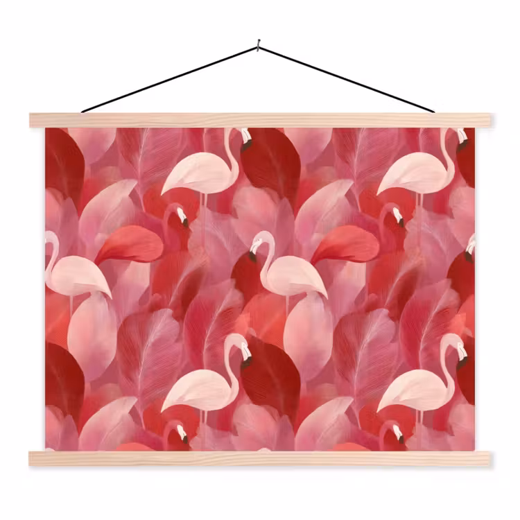 Flamingo - Botanisch - Elegant - Roze - Rood textielposter latten blank klein 122 -3d
