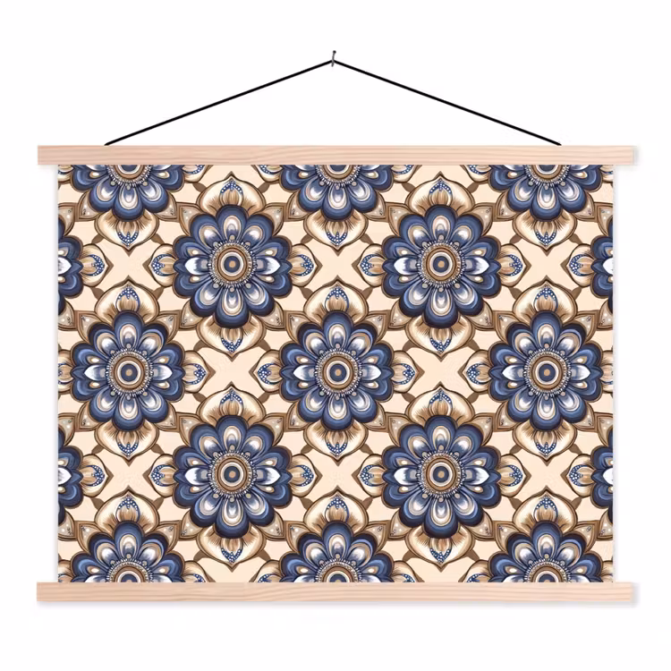 Floraal - Ornament - Blauw textielposter latten blank klein 122 -3d