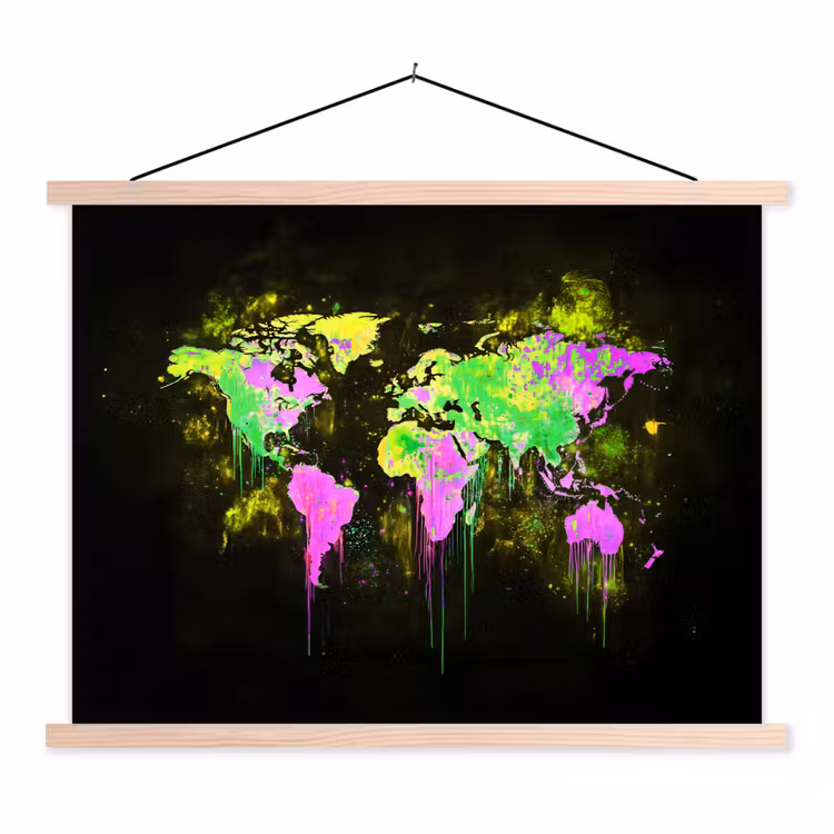 Fluorescerend - Wereldkaart - Druipen - Verf textielposter latten blank klein -3d