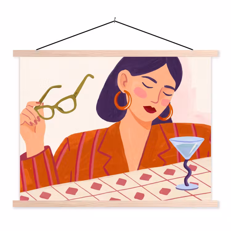 Vrouw - Bril - Cocktail - Illustratie - Modern textielposter latten blank klein -3d