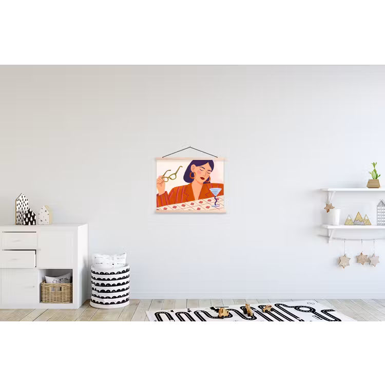 Vrouw - Bril - Cocktail - Illustratie - Modern textielposter latten blank klein -kinderkamer