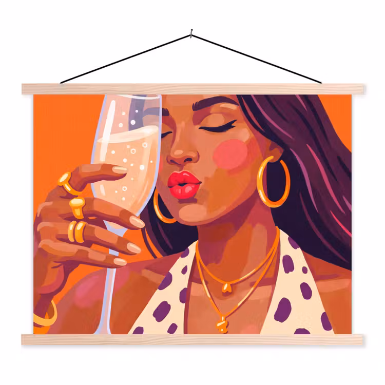 Vrouw - Champagne - Feest - Modern - Oranje textielposter latten blank klein -3d