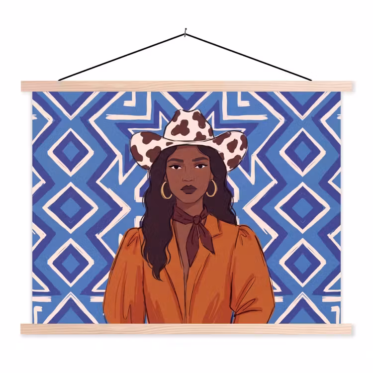 Vrouw - Cowboyhoed - Portret - Modern - Blauw textielposter latten blank klein -3d