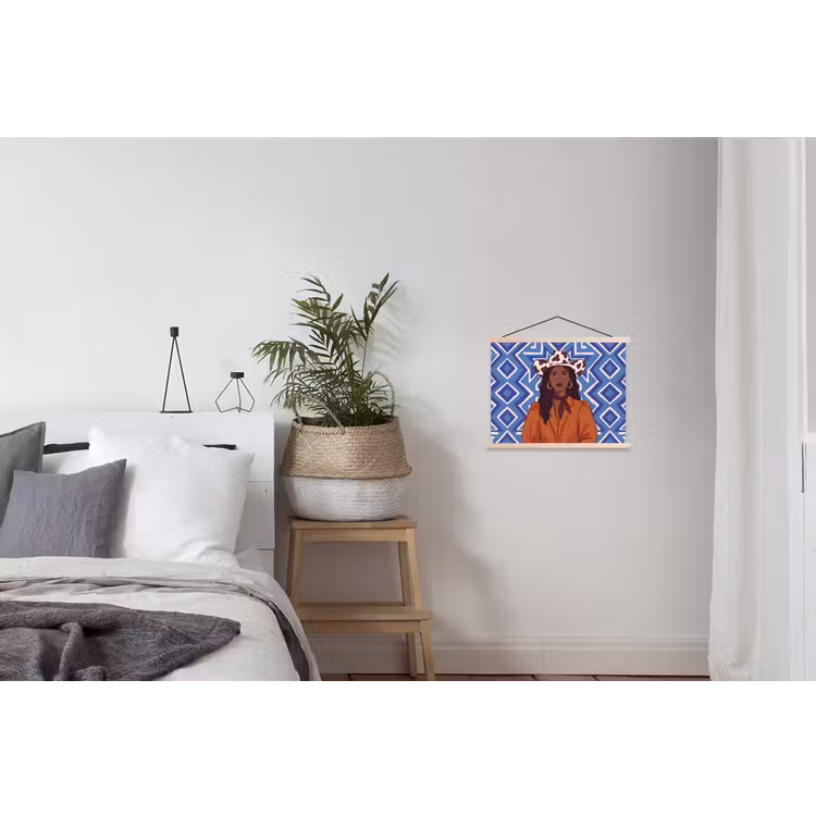 Vrouw - Cowboyhoed - Portret - Modern - Blauw textielposter latten blank klein -woonkamer