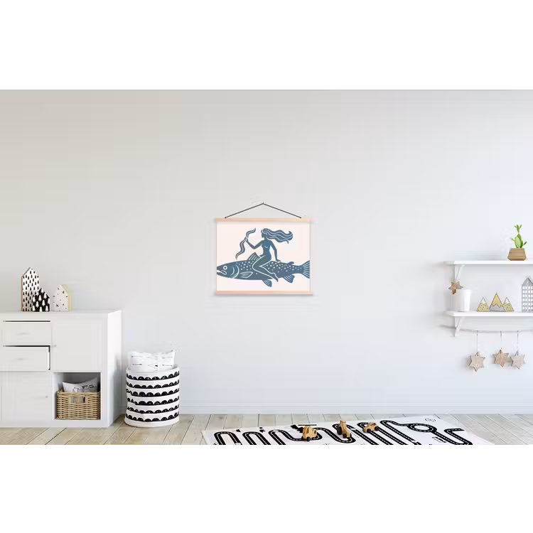 Vrouw - Vis - Fantasie - Abstract - Blauw textielposter latten blank klein -kinderkamer