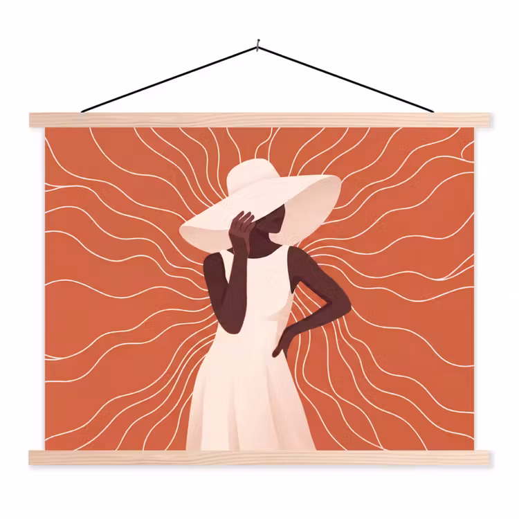 Vrouw - Hoed - Portret - Modern - Beige textielposter latten blank klein -3d
