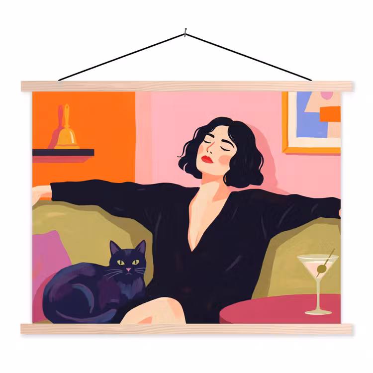 Vrouw - Kat - Interieur - Modern - Kleurrijk textielposter latten blank klein -3d
