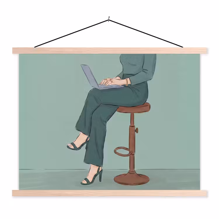 Vrouw - Laptop - Zittend - Illustratie - Groen textielposter latten blank klein -3d