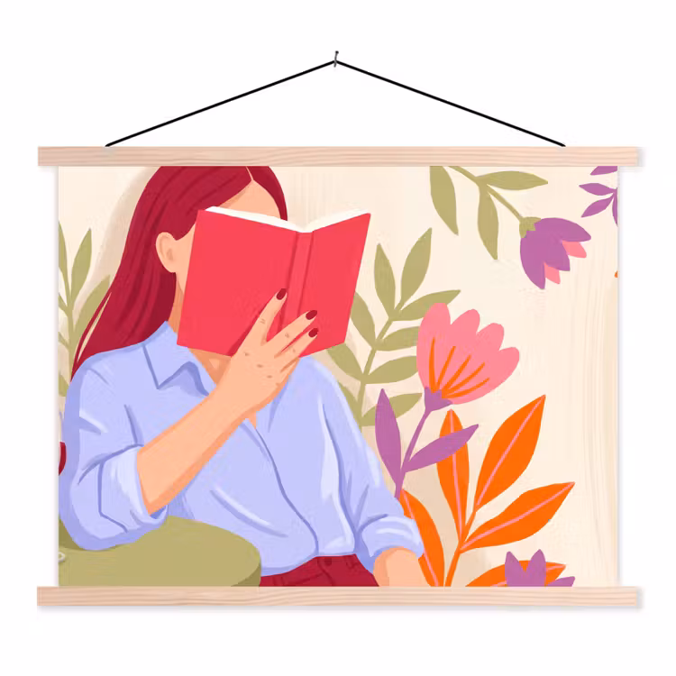 Vrouw - Lezen - Thuis - Modern - Bloemen textielposter latten blank klein -3d