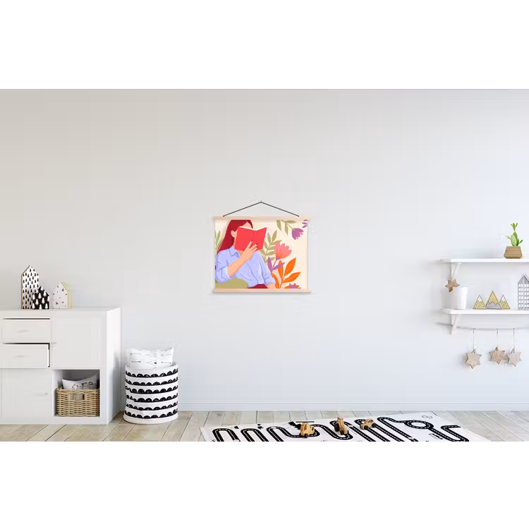 Vrouw - Lezen - Thuis - Modern - Bloemen textielposter latten blank klein -kinderkamer
