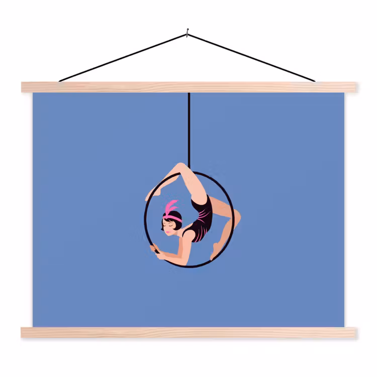 Vrouw - Aerial hoop - Art deco - Illustratie - Blauw textielposter latten blank klein -3d