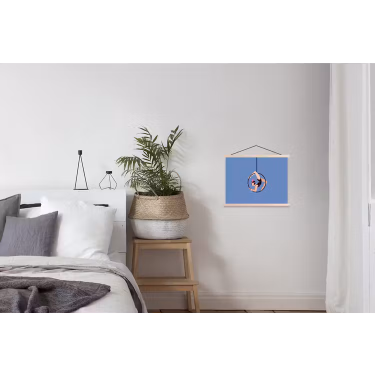 Vrouw - Aerial hoop - Art deco - Illustratie - Blauw textielposter latten blank klein -woonkamer