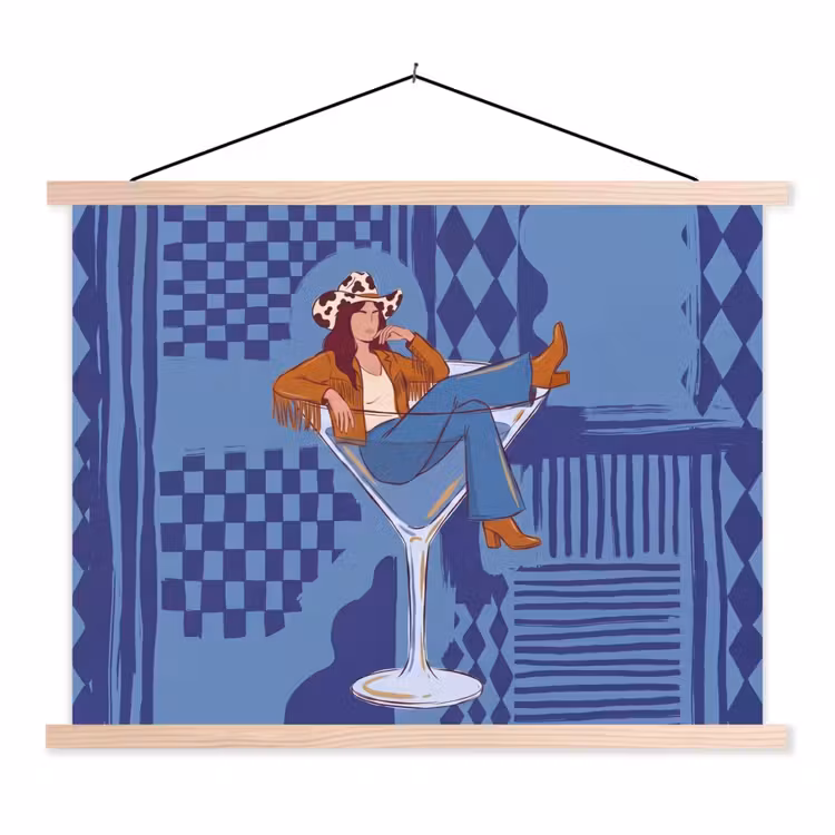 Vrouw - Martini glas - Abstract - Blauw - Kunst textielposter latten blank klein -3d