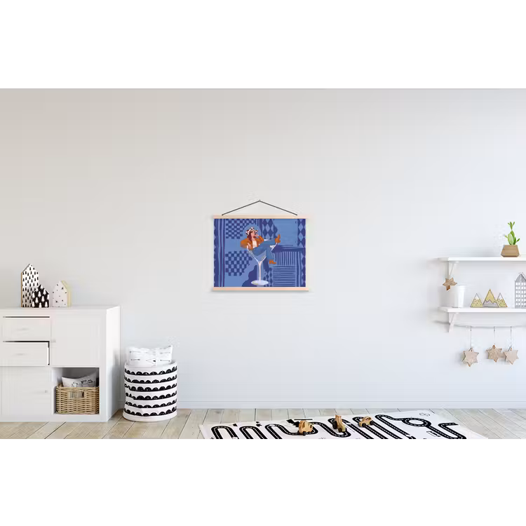 Vrouw - Martini glas - Abstract - Blauw - Kunst textielposter latten blank klein -kinderkamer