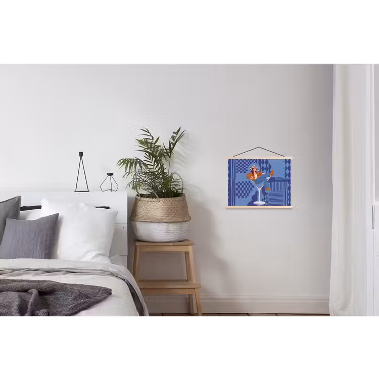 Vrouw - Martini glas - Abstract - Blauw - Kunst textielposter latten blank klein -woonkamer
