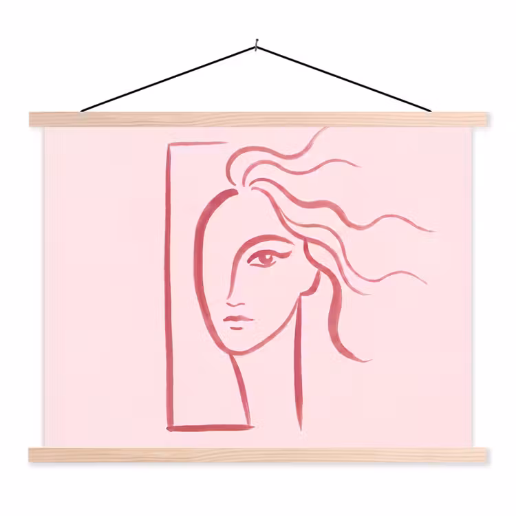 Vrouw - Portret - Abstract - Lijnkunst - Rood textielposter latten blank klein -3d