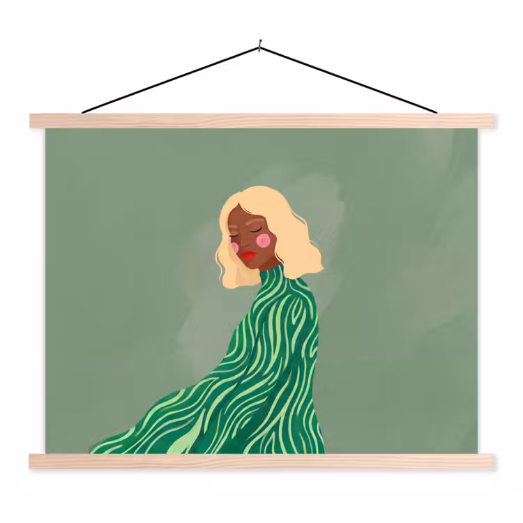 Vrouw - Portret - Illustratie - Modern - Groen textielposter latten blank klein -3d