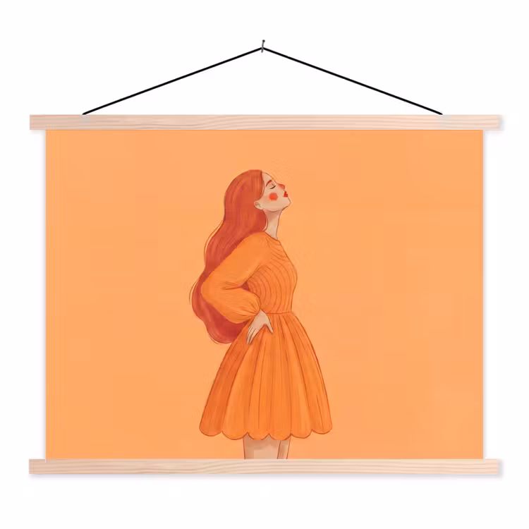 Vrouw - Profiel - Mensen - Modern - Oranje textielposter latten blank klein -3d
