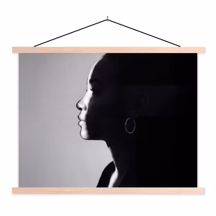 Vrouw - Profiel - Mensen - Zwart-wit textielposter latten blank klein -3d