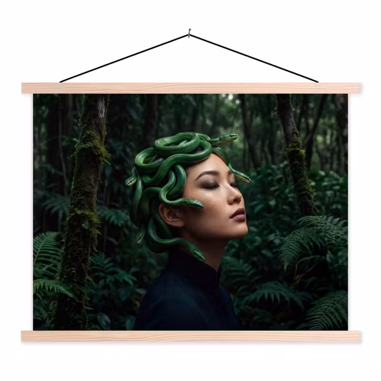 Vrouw - Slang - Natuur - Mystiek - Groen textielposter latten blank klein -3d