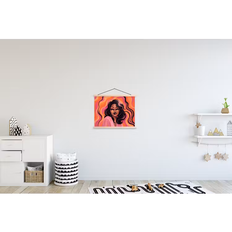 Vrouw - Zonnebril - Modern - Portret - Oranje textielposter latten blank klein -kinderkamer