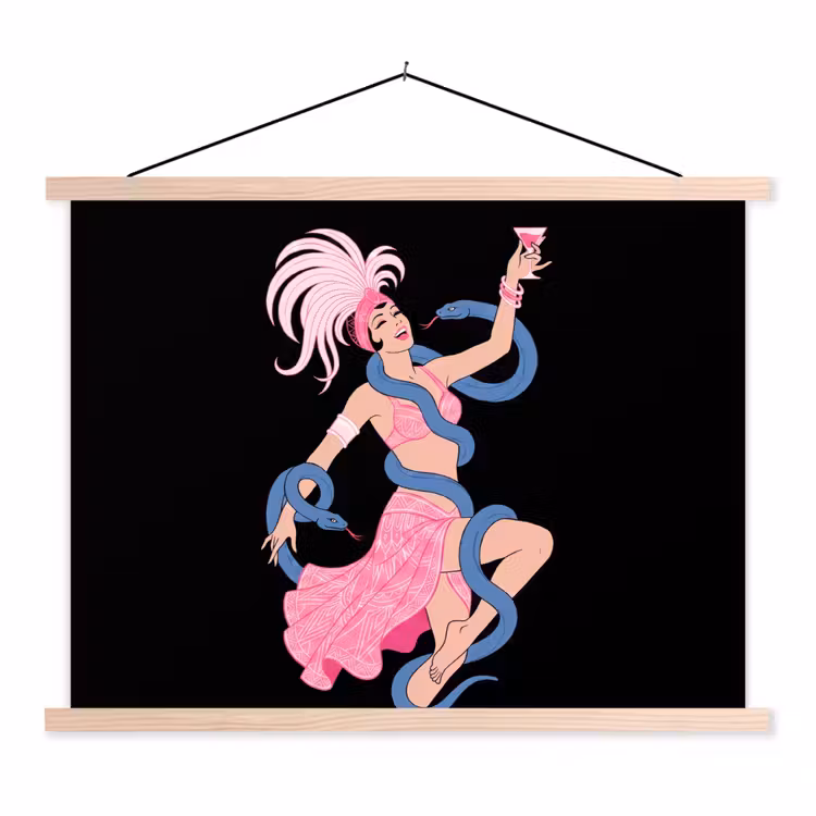 Vrouw - Danseres - Slangen - Art Deco - Roze textielposter latten blank klein -3d