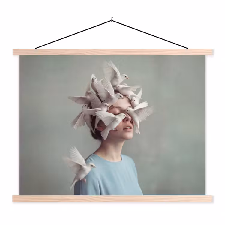 Vrouw - Vogels - Abstract - Modern - Wit textielposter latten blank klein -3d