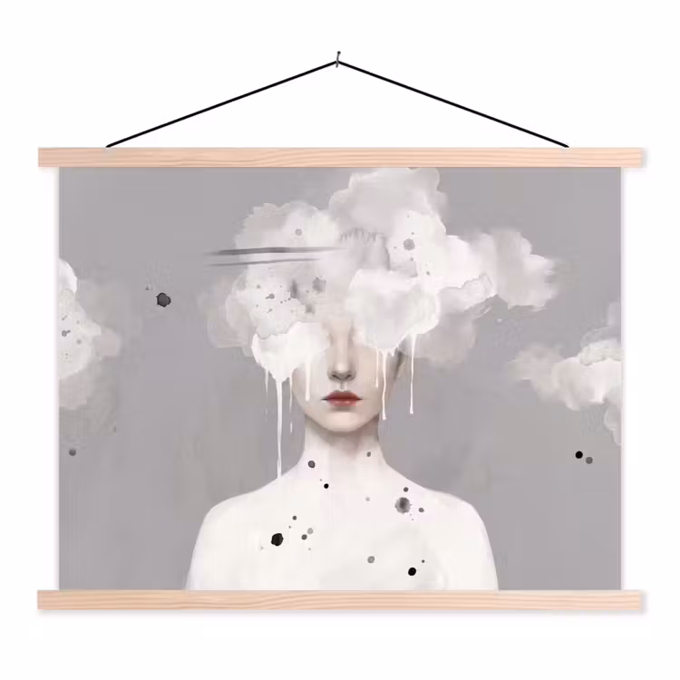 Vrouw - Wolk - Grijs textielposter latten blank klein -3d