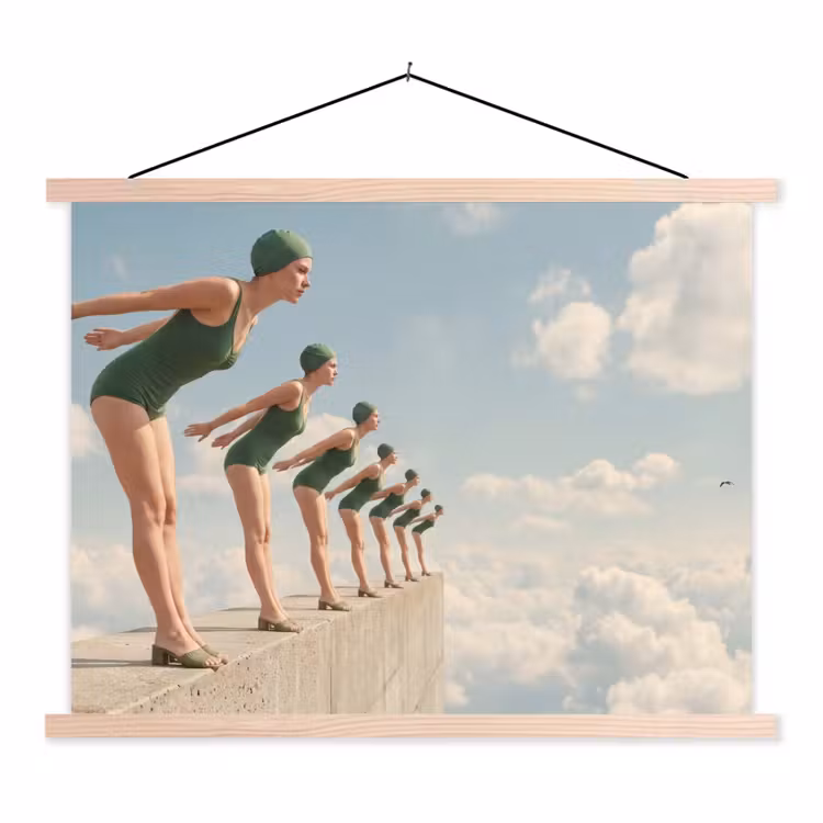 Stoffbild - Frauen – Tauchhaltung – Wolken - Vrouwen - Duikhouding - Wolken textielposter latten blank klein