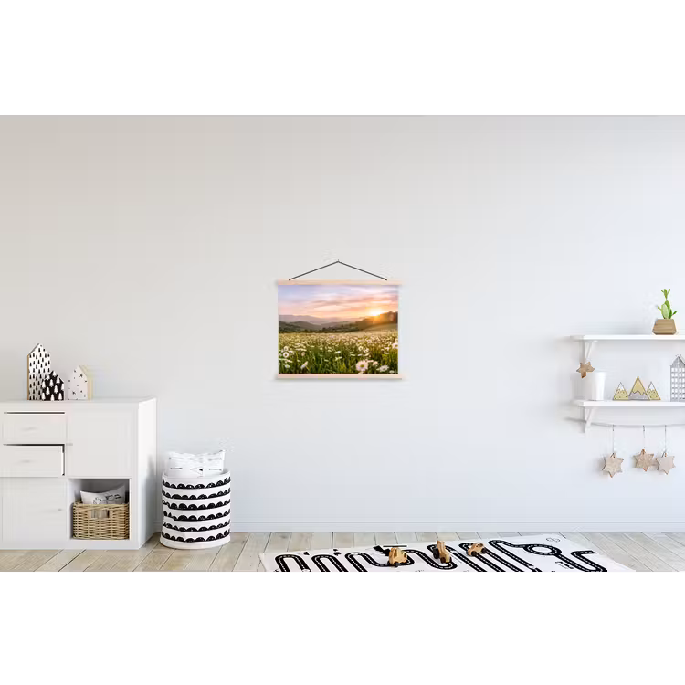 Madelief - Veld - Heuvels - Groen textielposter latten blank klein -kinderkamer
