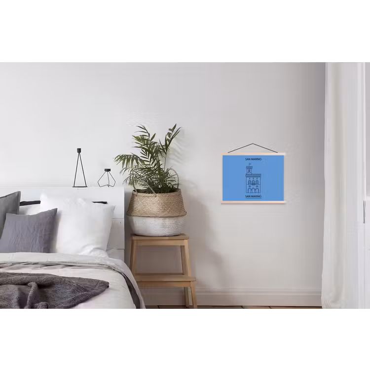Gebouw - San Marino - Architectuur - Lijntekening - Blauw textielposter latten blank klein -woonkamer