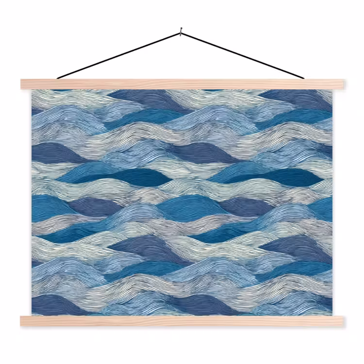 Getekend - Blauw - Wit - Golvend - Streepjes textielposter latten blank klein 122 -3d