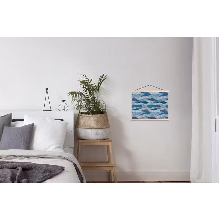 Getekend - Blauw - Wit - Golvend - Streepjes textielposter latten blank klein 122 -woonkamer