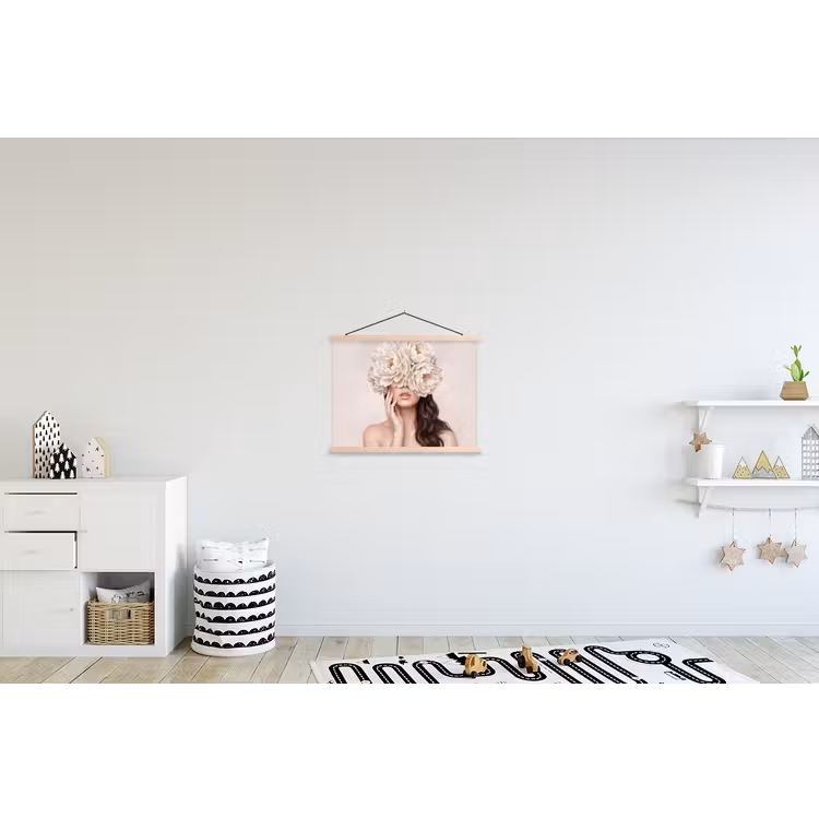 Gezicht - Pioenrozen - Crème textielposter latten blank klein -kinderkamer