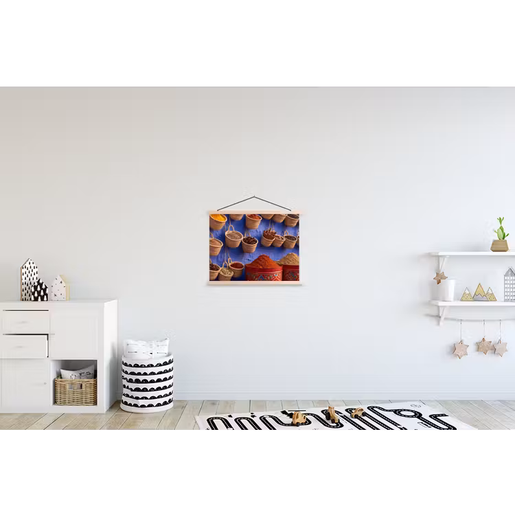 Stoffbild - Gewürze – Körbe – Markt - Kruiden - Manden - Markt textielposter latten blank klein