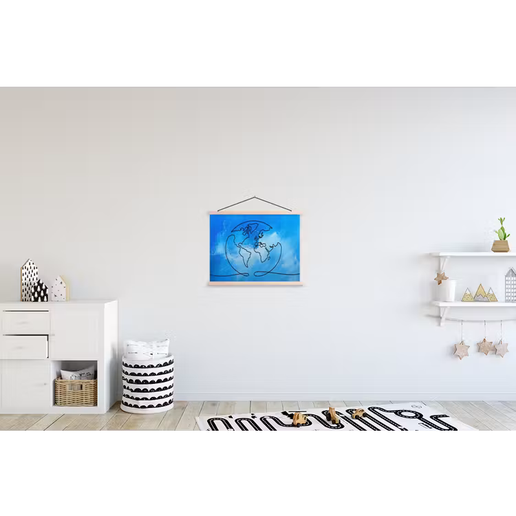 Wereldbol - Blauw - Lijn - Wereldkaart textielposter latten blank klein -kinderkamer