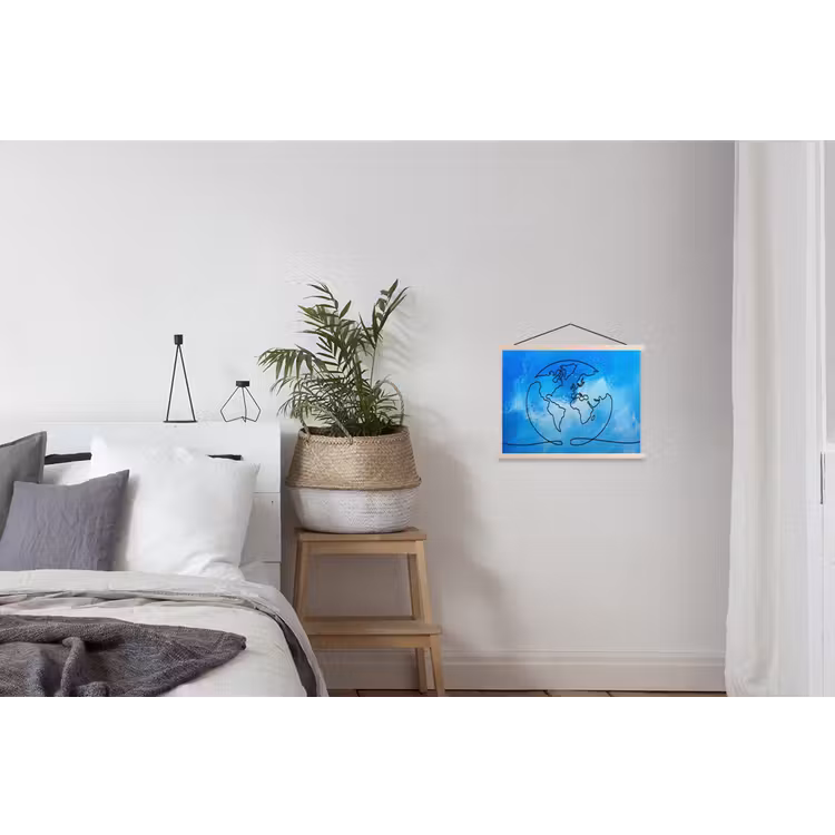 Wereldbol - Blauw - Lijn - Wereldkaart textielposter latten blank klein -woonkamer