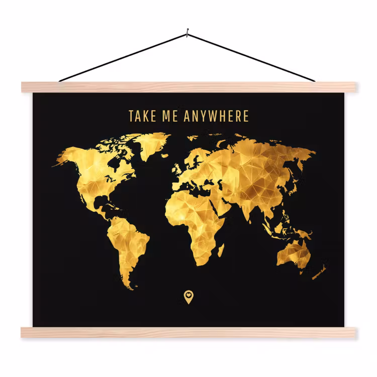Goud - Wereldkaart - Quote textielposter latten blank klein -3d