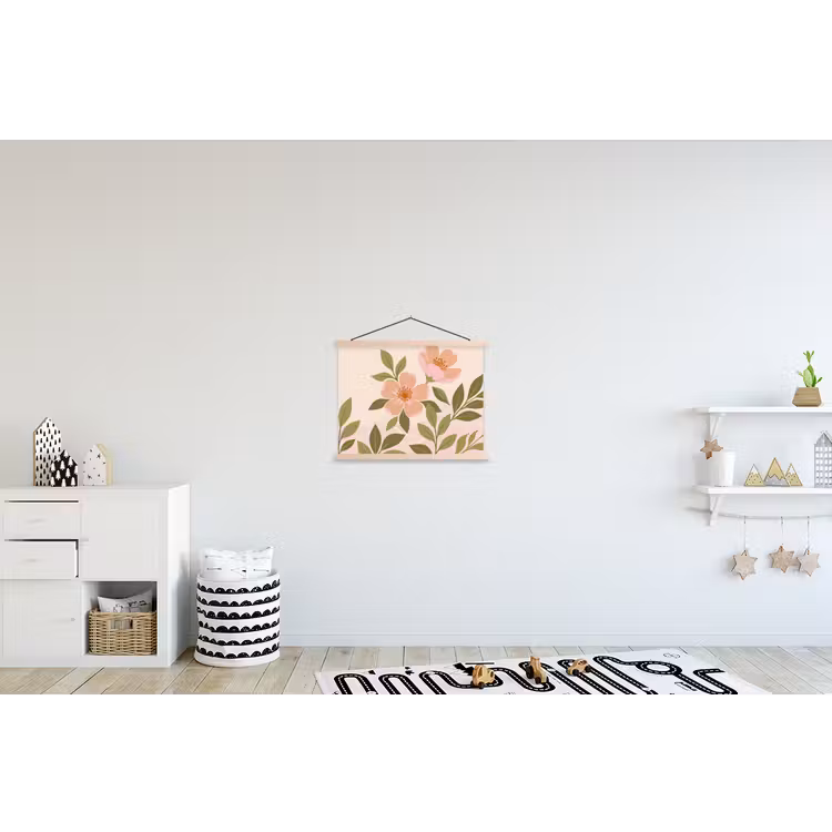 Grafisch - Bloemen - Roze textielposter latten blank klein -kinderkamer