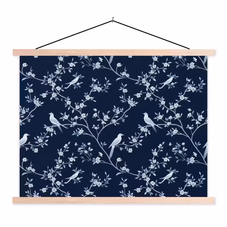 Grafisch - Bloesemtak - Blauw textielposter latten blank klein 122 -3d