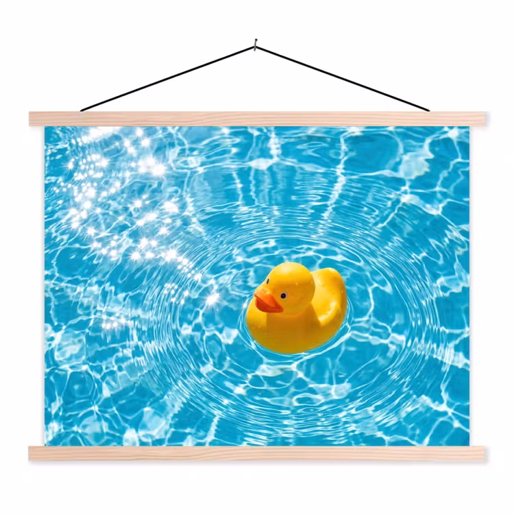 Badeend - Dobberen - Blauw textielposter latten blank klein -3d