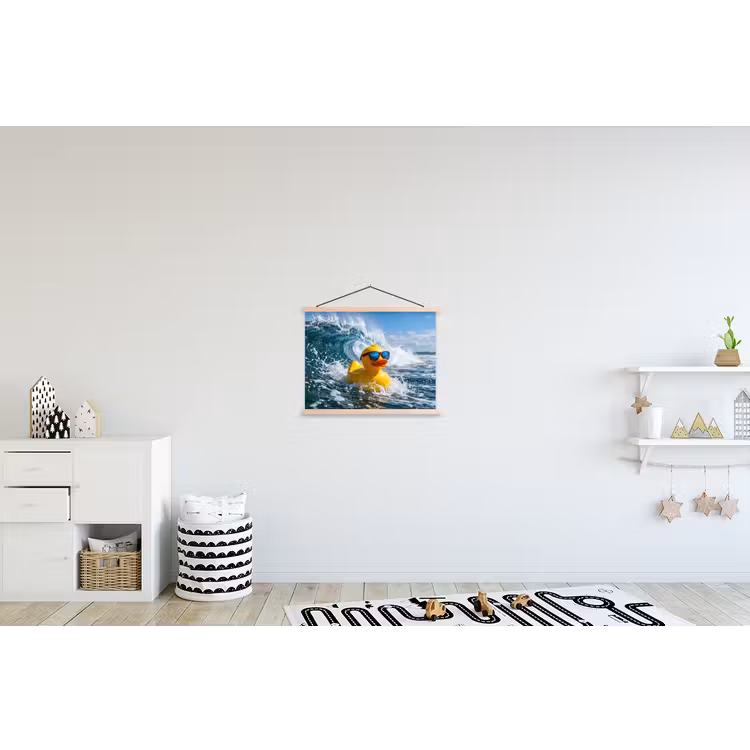 Badeend - Stoer - Golven textielposter latten blank klein -kinderkamer