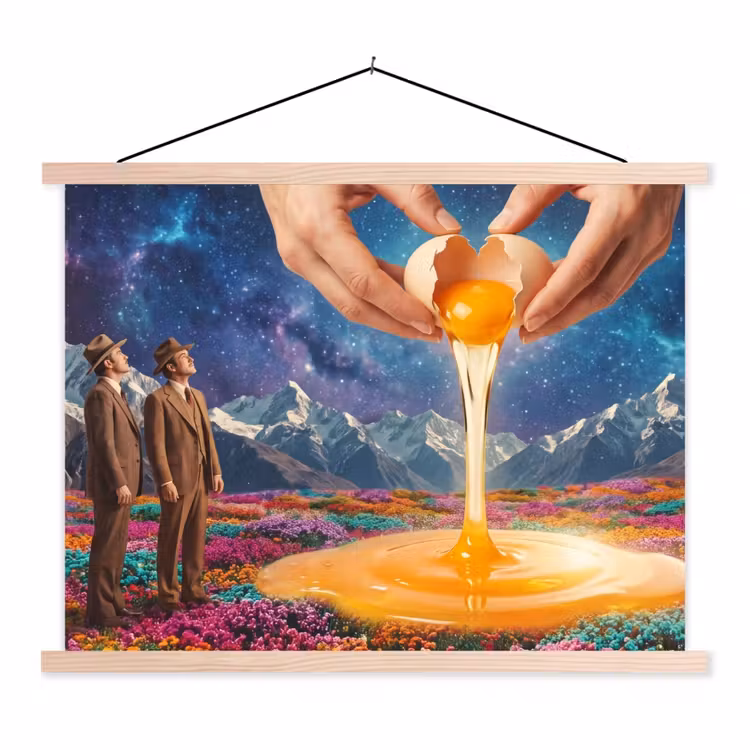 Stoffbild - Hände – Ei – Surrealismus - Handen - Ei - Surrealisme textielposter latten blank klein